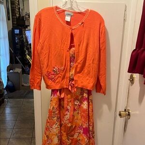 K & Company Orange Floral Dress with Cardigan